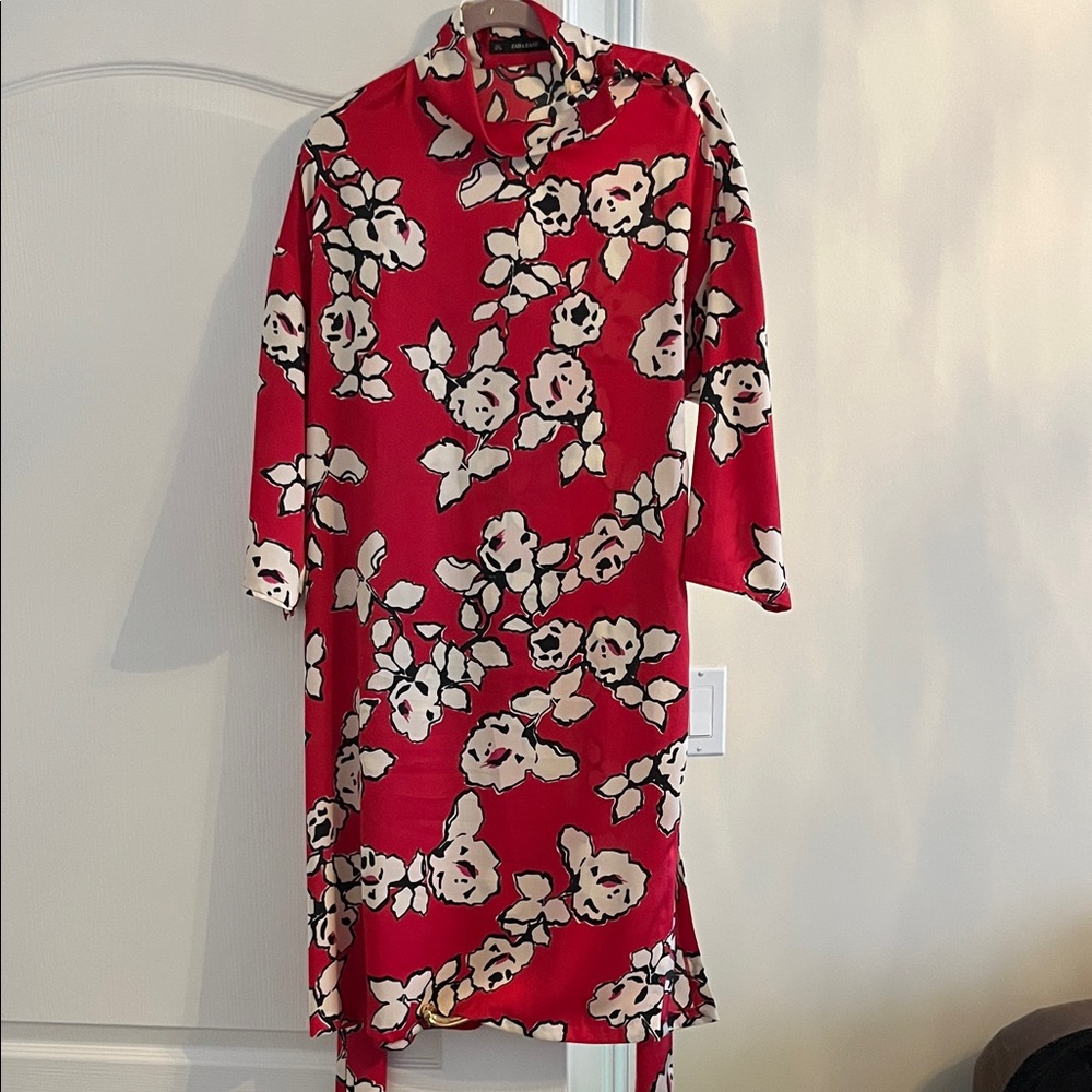 Zara Red Floral Long Sleeve Dress